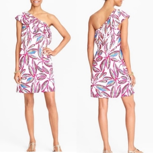 J. Crew Linen One Shoulder Ruffle Mini Dress Tropical Leaf Print NWT Size L - Picture 7 of 7